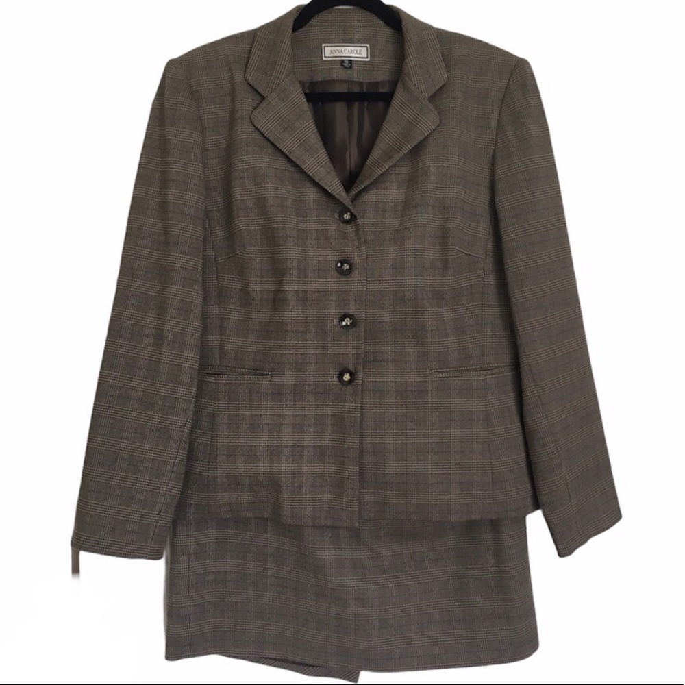 Anna Carole Brown Glen Plaid 2 Piece Skirt Suit